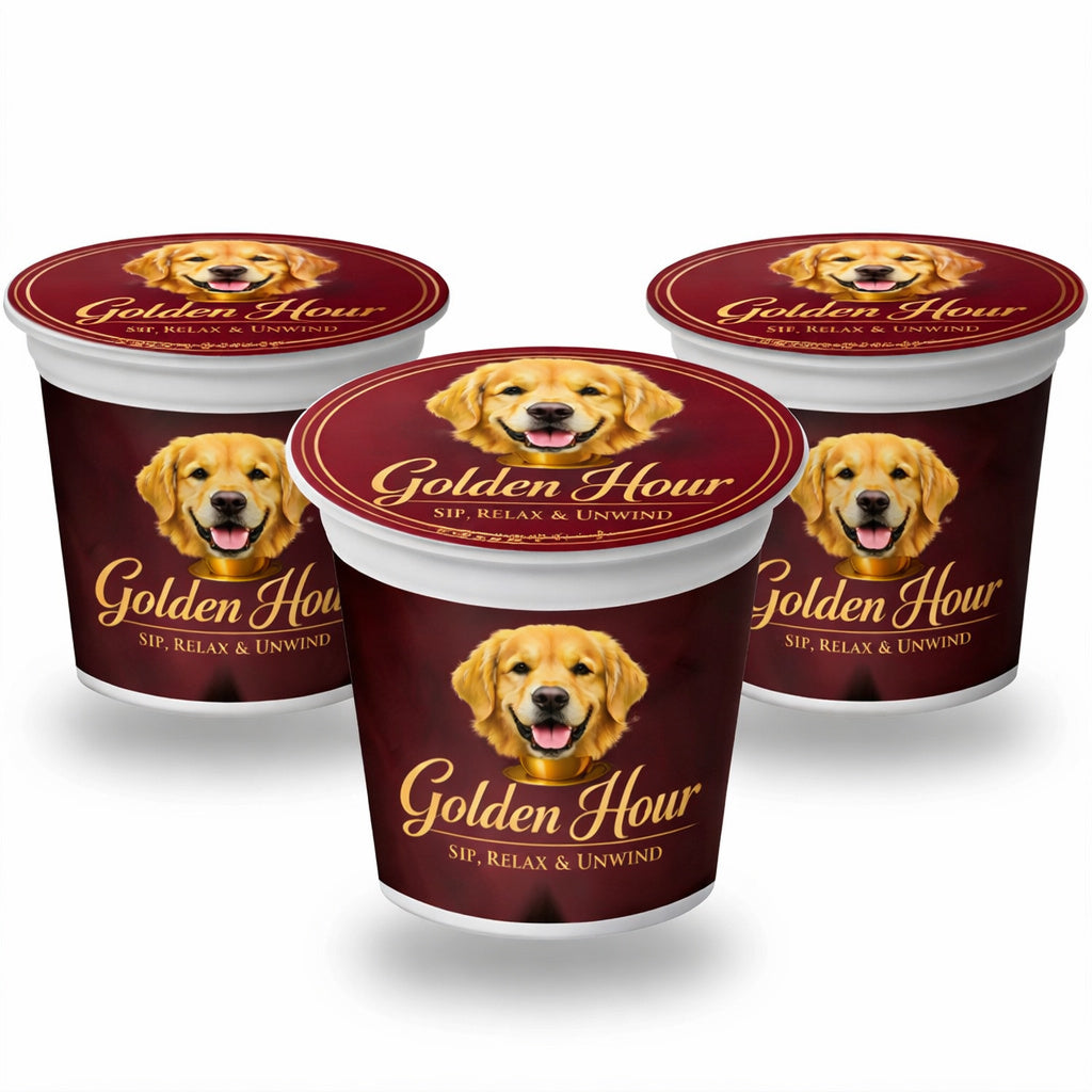 Three containers of 'Golden Hour' pet product with a dog's face on the label.